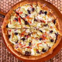 Mediterranean Pizza · Savory Pesto Sauce Topped with Artichoke Hearts, Fresh Tomato, Kalamata Olives, Red Onions, ...