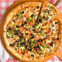 Vegetarian Pizza · Classic House-Made Pizza Sauce Topped with Fresh Mushrooms, Sautéed Onions, Black and Green ...
