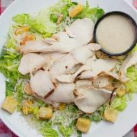 Large Grilled Chicken Caesar Salad · Marinated Roasted Chicken Breast atop Crisp Romaine Lettuce Tossed with Caesar Dressing and ...