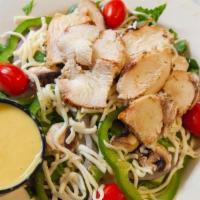 Large Grilled Chicken Salad · Marinated Roasted Chicken Breast and Mozzarella Served atop a Garden-Fresh Mixture of Grape ...