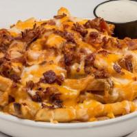 Gf Cheese Fries  (Full Portion) · Monterey Jack, cheddar, bacon, and grilled onions. . Full Order (serves 4).