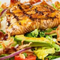 Gf Grilled Salmon Blt Salad · Sweet and smoky salmon, chopped romaine, bacon, tomatoes, red onions, scallions, avocado, cr...