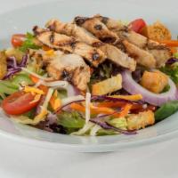 Gf Grilled Chicken Tossed Salad (Half Portion) · Fresh mixed lettuce, baby greens, Monterey Jack,  cheddar, tomatoes, red onions and grilled ...