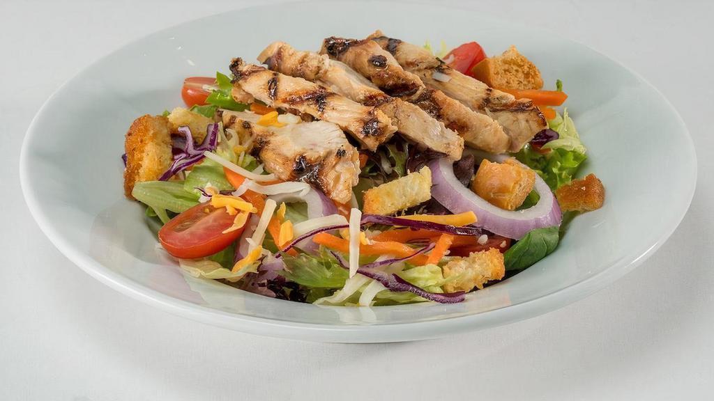 Gf Grilled Chicken Tossed Salad (Half Portion) · Fresh mixed lettuce, baby greens, Monterey Jack,  cheddar, tomatoes, red onions and grilled chicken. Served with your choice of gluten free dressings..