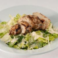 Gf Grilled Chicken Caesar Salad (Half Portion) · Chopped romaine, Caesar dressing, croutons, Parmesan, and grilled chicken.