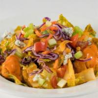 Buffalo Salad (Fried Chicken) (Half Portion) · Crispy boneless chicken, mild wing sauce, chopped romaine hearts, celery, tomatoes, carrots,...