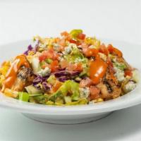 Buffalo Salad (Grilled Chicken) (Half Portion) · Grilled chicken, mild wing sauce, chopped romaine hearts, celery, tomatoes, carrots, cabbage...