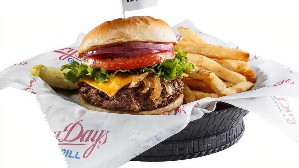 Impossible™ Burger · Made entirely from PLANTS. Cholesterol free, 17 grams of protein and 35% less fat than ground beef. Topped with grilled onions, cheddar cheese, lettuce, tomato, and sweet red onion.