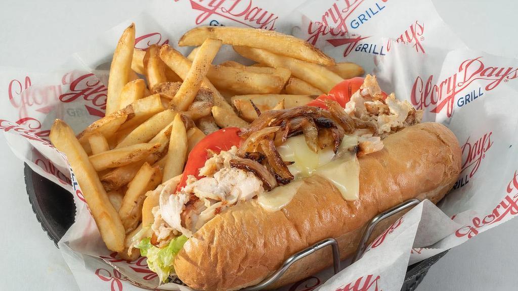 Chicken Cheesesteak · Thinly sliced grilled chicken, grilled onions, lettuce, tomatoes, mayo, and melted cheese..