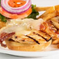 Gf Grilled Chicken Sandwich · Tender chicken breast, bacon, and melted Swiss cheese served BBQ style or grilled.