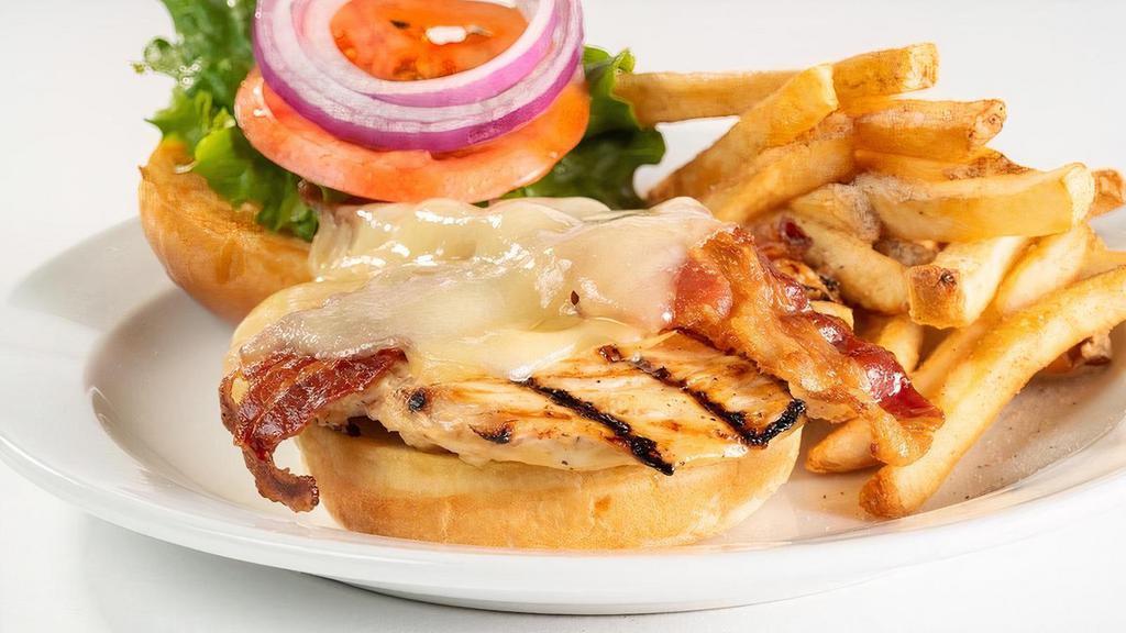 Gf Grilled Chicken Sandwich · Tender chicken breast, bacon, and melted Swiss cheese served BBQ style or grilled.