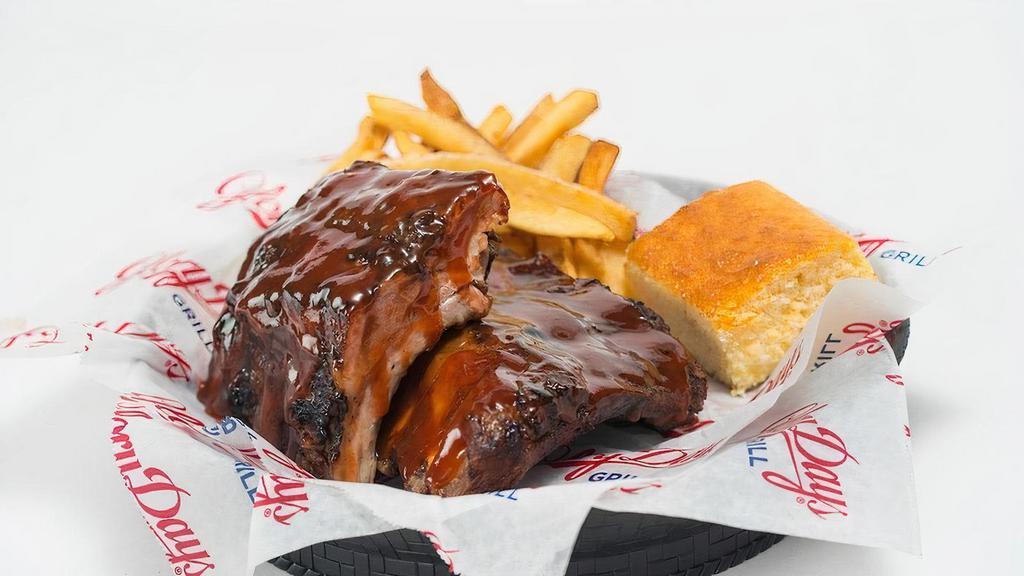Gf Bbq Ribs (Full Order) · Baby back pork ribs with choice of sauce, cornbread, and choice of sides.  Calories are based on a side of seasoned fries..