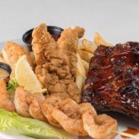 Big Glory Combo · Half order of baby back pork ribs, chicken tenders, and grilled or fried shrimp. Served with...