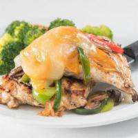 Smothered Chicken · Grilled boneless skinless chicken topped with melted provolone, cheddar, and Swiss cheeses, ...