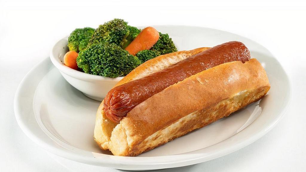 Stadium Hot Dog (1 Dog) · Famous all-beef hot dog served on a split-top bun with a side.  Calories calculated based  on a side of seasonal vegetables.