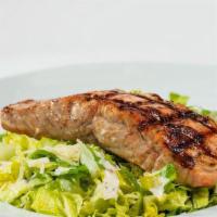 Gf Grilled Salmon Caesar Salad · Chopped romaine, Caesar dressing, croutons, Parmesan, and grilled salmon..