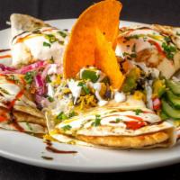 Jose'S Quesadillas Plato Principal · Grilled flour tortillas filled with vegetables, cheese, protein, and tomatillo sour cream sa...