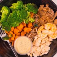 The Meatz Bowl · Chicken, shredded beef, shrimp, sweet potato chunks, quinoa kale blend, and broccoli with yo...