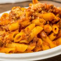 Pasta Bolognese · Pasta, 100% beef, and tomato sauce.