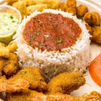 Scampi Friti · Fried breaded shrimp and zucchini served with basmati rice.