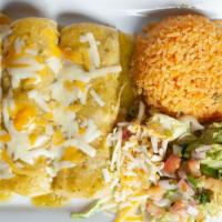 Enchiladas Verdes · Three chicken enchiladas topped with salsa verde and cheese. Served with rice and guacamole ...