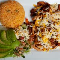 Del Rancho Special · Grilled chicken, chorizo, mushrooms, and onions. Topped with cheese. Served with rice and av...