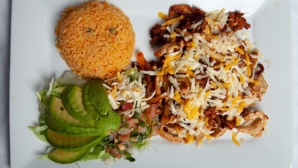 Del Rancho Special · Grilled chicken, chorizo, mushrooms, and onions. Topped with cheese. Served with rice and avocado salad.