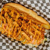 Grilled Chicken Po-Boy · Served on toasted french baguette dressed with mayo, shredded lettuce, sliced tomato, and to...