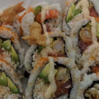 10 Pieces Jazz Roll · Fried shrimp tempura, raw tuna and salmon, snow crab, avocado, cucumbers, fish eggs, jazz sa...