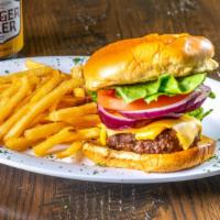 Kb'S All American Burger · An American classic, that we all love. Stacked with shredded iceberg lettuce, tomato, red on...