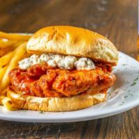 Buffalo Fried Chicken Sandwich · Fried chicken breast, drizzled with blue cheese, and Buffalo sauce.