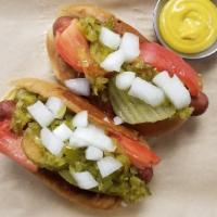 Chicago Style Dogs · Two all-beef dogs inspired by Chicago topped with mustard, tomato, onion, dill pickle slices...