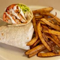 Buffalo Chicken Wrap · Fried chicken strips tossed in buffalo sauce topped with Bleu cheese dressing, lettuce, and ...