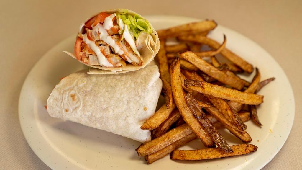 Buffalo Chicken Wrap · Fried chicken strips tossed in buffalo sauce topped with Bleu cheese dressing, lettuce, and tomato.