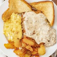 Country Fried Steak & Eggs · Served with home fries or hash browns and toast or biscuit.