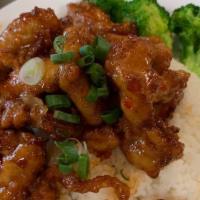 Spicy Chicken · Fried Chicken with Thai cajun sweet chilis serve over jasmine rice with scallion and broccoli.