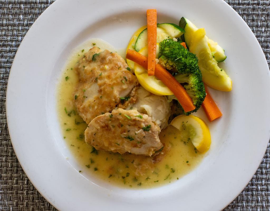 Lemon Herb Chicken · Twin medallions dredged in flour and simmered in a lemon herb butter sauce. Served with garlic smashed potatoes and mixed vegetables.