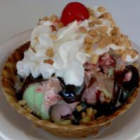 Angels Delight · We start with a waffle bowl, fill it with Spumoni ice cream (which is a chocolate, pistachio...