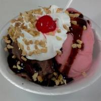 Raspberry Truffle Sundae · We start with two warm brownies, add both Dark Chocolate ice cream and Raspberry Sorbet, the...