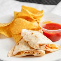 Chicken Fingers Quesadilla · Flour tortilla w/ white melted cheese. Choice of rice or French fries.