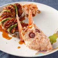 Dragon Roll · Snow crab, asparagus, and avocado. Topped with Bbq eel, avocado, snow crab, eel sauce, and s...