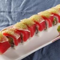 Tulane Green Wave Roll · Crab stick, avocado, asparagus, cucumber, and smelt roe. Topped with tuna, thin sliced lime,...