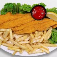 Catfish Platter · 2 Pieces of catfish, served with buttered French Bread and hooks wedges Fries.