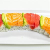 Rainbow Roll (9 Oz / 255 G) · Contains wheat, fish, shellfish, eggs, and soy. Salmon, tuna, shrimp, crab stick, avocado, c...