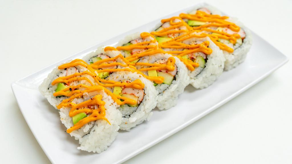 Spicy California (8 Oz / 227 G) · Contains wheat, fish, shellfish, and eggs. Crab stick, avocado, cucumber, rice, seaweed, sesame seeds, spicy mayo, and vinegar.
