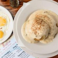 Biscuits & Gravy. · Two Honey Butter Biscuits smothered in our traditional sausage gravy, served with bacon &  t...