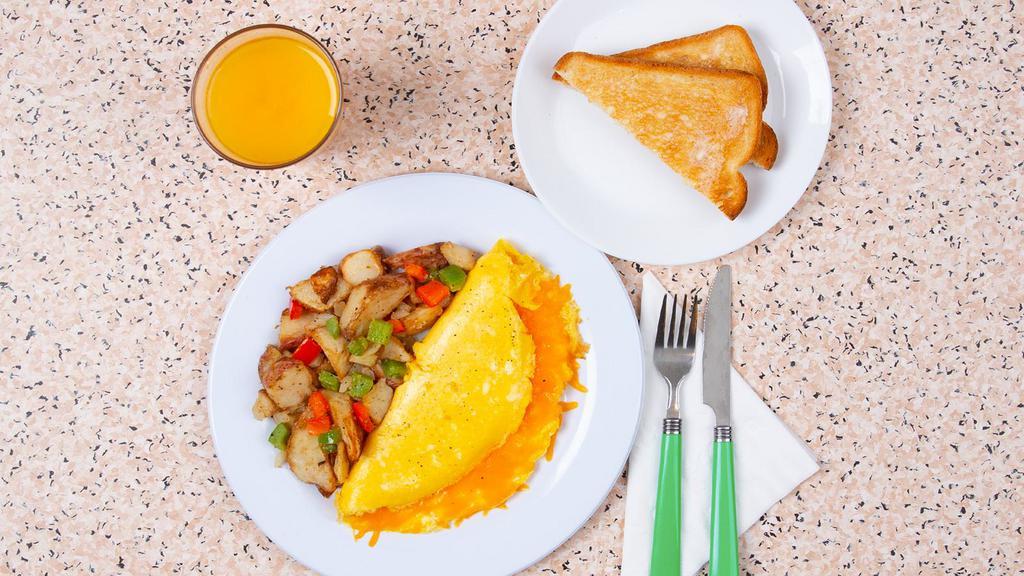 Cheese Omelette · Three egg omelette with gooey melted cheddar and swiss cheesse, served with buttered toast and your choice of breakfast potatoes.