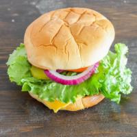 Cheezy Bistro Burger · 5 oz of fresh Angus beef, topped with cheese, lettuce, tomato, pickles, and red onions. Serv...