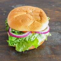 Bistro Burger · 5 oz of fresh Angus beef, topped with lettuce, tomato, pickles and red onions. Served on a b...