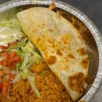 Lunch Fajita Quesadilla · Steak, chicken or mix, with onions, peppers, and tomatoes. Served with rice and sour cream s...